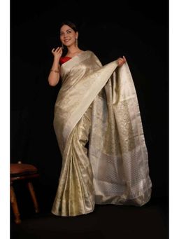 Isadora Life - Womens Woven Zari Silver Pre-Draped Saree With Unstitched Blouse