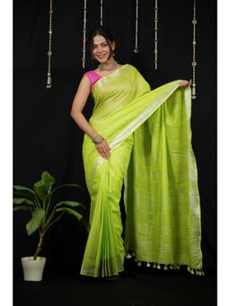 Isadora Life - Womens Solid Tassels Green Pre-Draped Saree With Unstitched Blouse