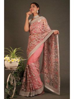 Isadora Life - Womens Embroidered Sequined Peach Pre-Draped Saree With Unstitched Blouse