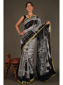 Isadora Life - Womens Typography Printed Black Pre-Draped Saree With Unstitched Blouse