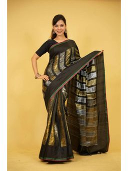 Isadora Life - Womens Woven Zari Black Pre-Draped Saree With Unstitched Blouse