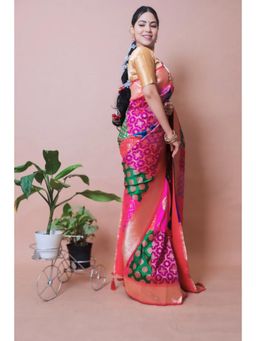Isadora Life - Womens Printed Tassels Multi-Color Pre-Draped Saree With Unstitched Blouse