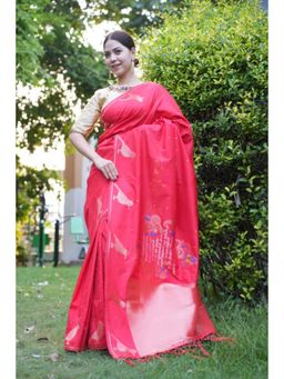 Isadora Life - Womens Printed Tassels Red Pre-Draped Saree With Unstitched Blouse