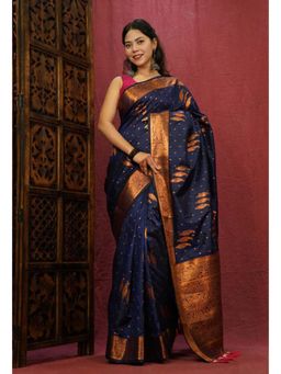 Isadora Life - Womens Paisley Tassels Navy Blue Pre-Draped Saree With Unstitched Blouse