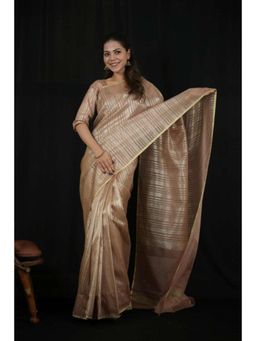 Isadora Life - Womens Stripes Woven Beige Pre-Draped Saree With Unstitched Blouse