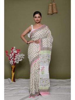 Isadora Life - Womens Floral Printed Beige Pre-Draped Saree With Unstitched Blouse
