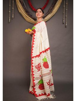 Isadora Life - Womens Printed Tassels Beige Pre-Draped Saree With Unstitched Blouse