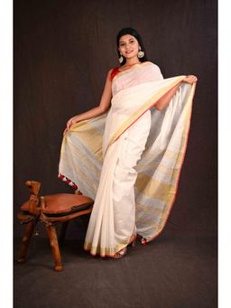 Isadora Life - Womens Woven Tassels White Pre-Draped Saree With Unstitched Blouse