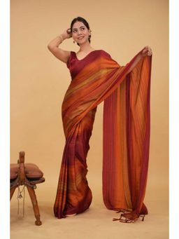 Isadora Life - Womens Stripes Tassels Multi-Color Pre-Draped Saree With Unstitched Blouse
