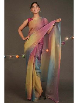 Isadora Life - Womens Ombre Embroidered Multi-Color Pre-Draped Saree With Unstitched Blouse