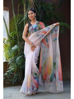 Isadora Life - Womens Printed Multi-Color Pre-Draped Saree With Unstitched Blouse