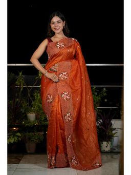 Isadora Life - Womens Embroidered Sequined Orange Pre-Draped Saree With Unstitched Blouse