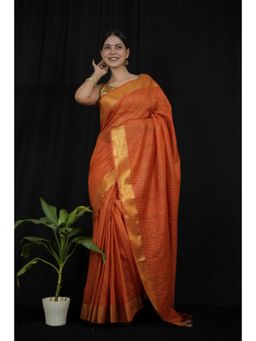 Isadora Life - Womens Sequined Zari Orange Pre-Draped Saree With Unstitched Blouse