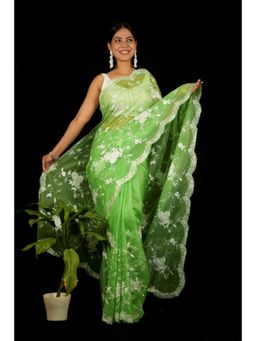 Isadora Life - Womens Embroidered Thread Work Green Pre-Draped Saree With Unstitched Blouse