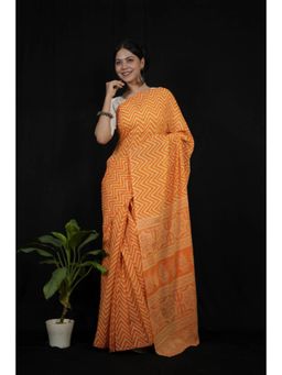Isadora Life - Womens Printed Orange Pre-Draped Saree With Unstitched Blouse