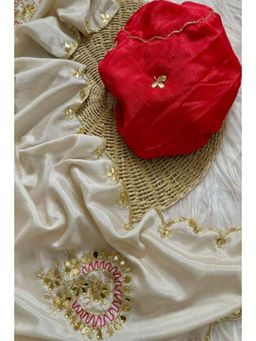 Isadora Life - Womens Embroidered Thread Work Ivory Pre-Draped Saree With Unstitched Blouse