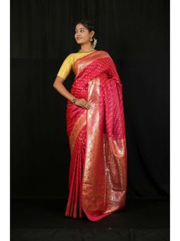 Isadora Life - Womens Woven Zari Pink Pre-Draped Saree With Unstitched Blouse