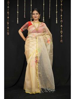 Isadora Life - Womens Stripes Tassels Beige Pre-Draped Saree With Unstitched Blouse