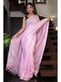 Isadora Life - Womens Woven Tassels Pink Pre-Draped Saree With Unstitched Blouse