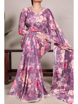 Isadora Life - Womens Floral Printed Purple Pre-Draped Saree With Unstitched Blouse