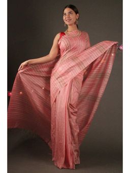 Isadora Life - Womens Stripes Tassels Peach Pre-Draped Saree With Unstitched Blouse