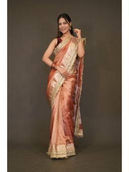 Isadora Life - Womens Woven Embroidered Copper Pre-Draped Saree With Unstitched Blouse