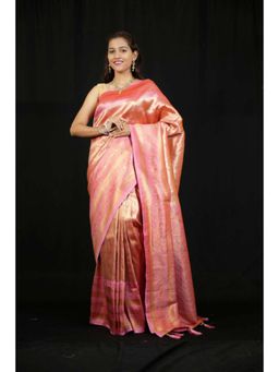 Isadora Life - Womens Woven Zari Pink Pre-Draped Saree With Unstitched Blouse