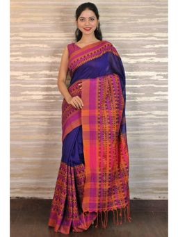 Isadora Life - Womens Woven Tassels Blue Pre-Draped Saree With Unstitched Blouse