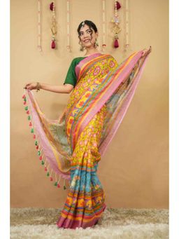 Isadora Life - Womens Printed Tassels Multi-Color Pre-Draped Saree With Unstitched Blouse