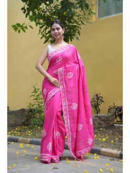 Isadora Life - Womens Printed Tassels Pink Pre-Draped Saree With Unstitched Blouse