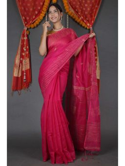 Isadora Life - Womens Printed Tassels Pink Pre-Draped Saree With Unstitched Blouse