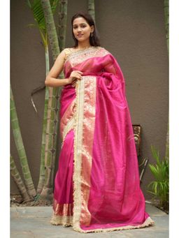 Isadora Life - Womens Woven Embroidered Pink Pre-Draped Saree With Unstitched Blouse
