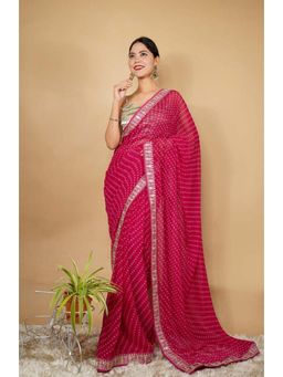 Isadora Life - Womens Printed Embroidered Pink Pre-Draped Saree With Unstitched Blouse