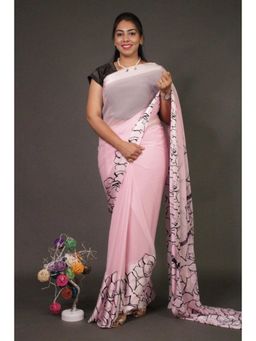 Isadora Life - Womens Printed Pink Pre-Draped Saree With Unstitched Blouse