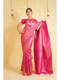 Isadora Life - Womens Woven Tassels Pink Pre-Draped Saree With Unstitched Blouse
