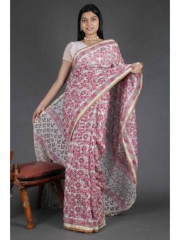 Isadora Life - Womens Floral Tassels Off White Pre-Draped Saree With Unstitched Blouse