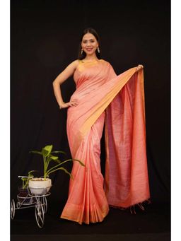 Isadora Life - Womens Woven Zari Peach Pre-Draped Saree With Unstitched Blouse