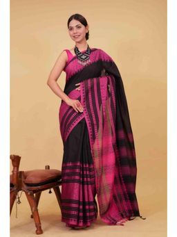 Isadora Life - Womens Woven Tassels Black Pre-Draped Saree With Unstitched Blouse