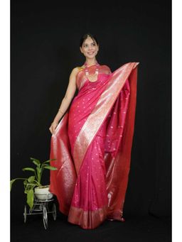 Isadora Life - Womens Woven Zari Pink Pre-Draped Saree With Unstitched Blouse