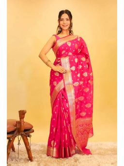 Isadora Life - Womens Woven Zari Pink Pre-Draped Saree With Unstitched Blouse