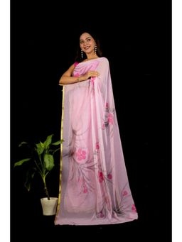 Isadora Life - Womens Floral Printed Pink Pre-Draped Saree With Unstitched Blouse