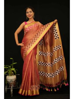 Isadora Life - Womens Embroidered Mirror Work Brown Pre-Draped Saree With Unstitched Blouse
