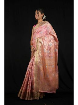 Isadora Life - Womens Woven Zari Pink Pre-Draped Saree With Unstitched Blouse