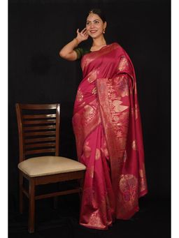 Isadora Life - Womens Woven Zari Pink Pre-Draped Saree With Unstitched Blouse