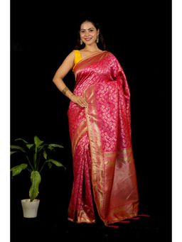Isadora Life - Womens Woven Zari Pink Pre-Draped Saree With Unstitched Blouse