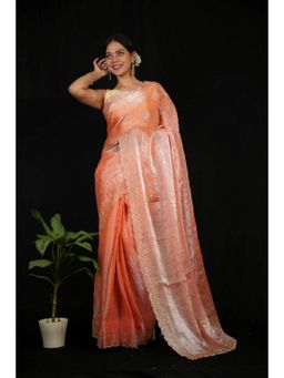 Isadora Life - Womens Sequined Orange Pre-Draped Saree With Unstitched Blouse