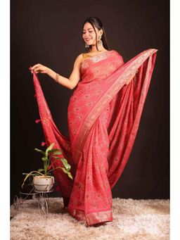 Isadora Life - Womens Floral Bandhani Pink Pre-Draped Saree With Unstitched Blouse