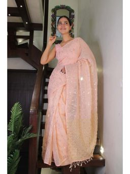 Isadora Life - Womens Sequined Tassels Peach Pre-Draped Saree With Unstitched Blouse