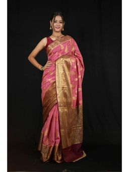 Isadora Life - Womens Paisley Zari Pink Pre-Draped Saree With Unstitched Blouse
