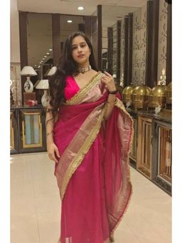 Isadora Life - Womens Woven Zari Pink Pre-Draped Saree With Unstitched Blouse